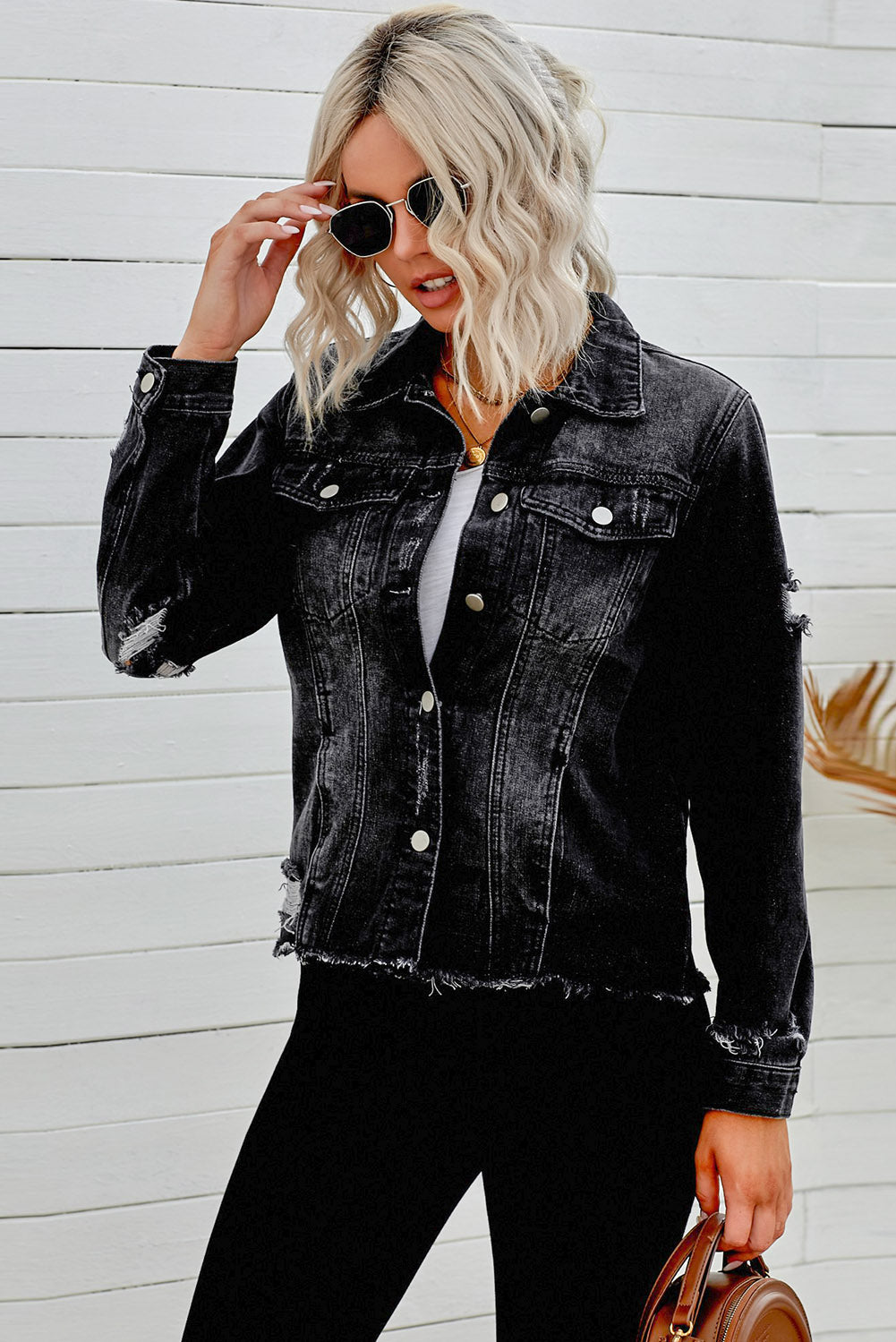 Distressed Raw Hem Denim Jacket - Whiicka