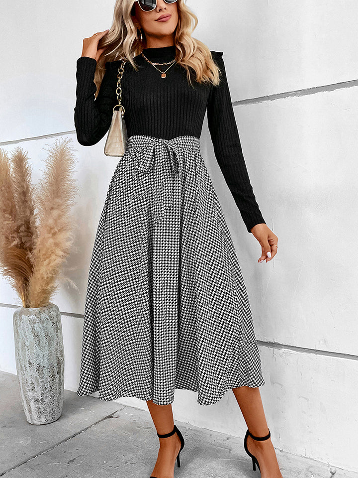 Ribbed Houndstooth Tie Waist Midi Dress - Whiicka