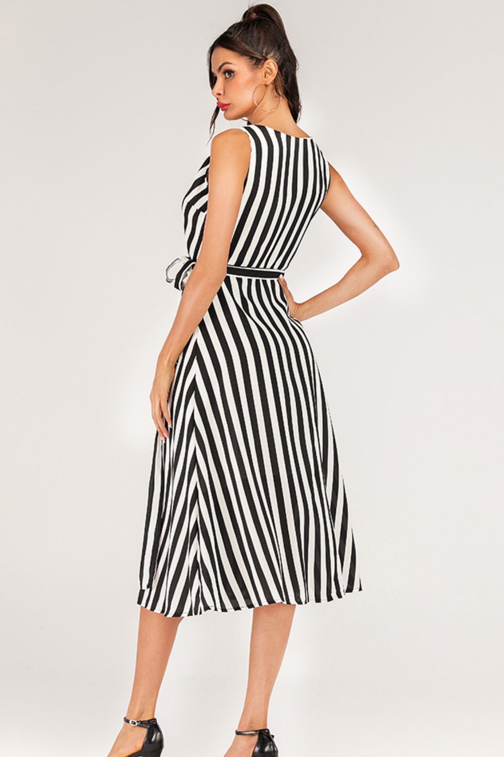 Striped Surplice Tied Sleeveless Dress - Whiicka