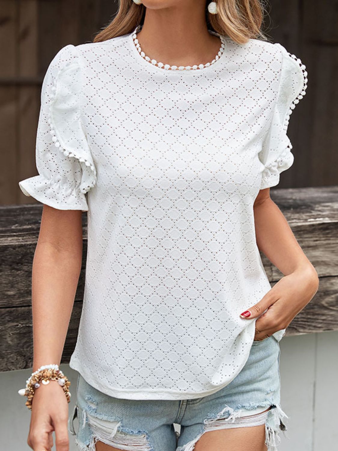 Pom Pom Detail Openwork Blouse - Whiicka