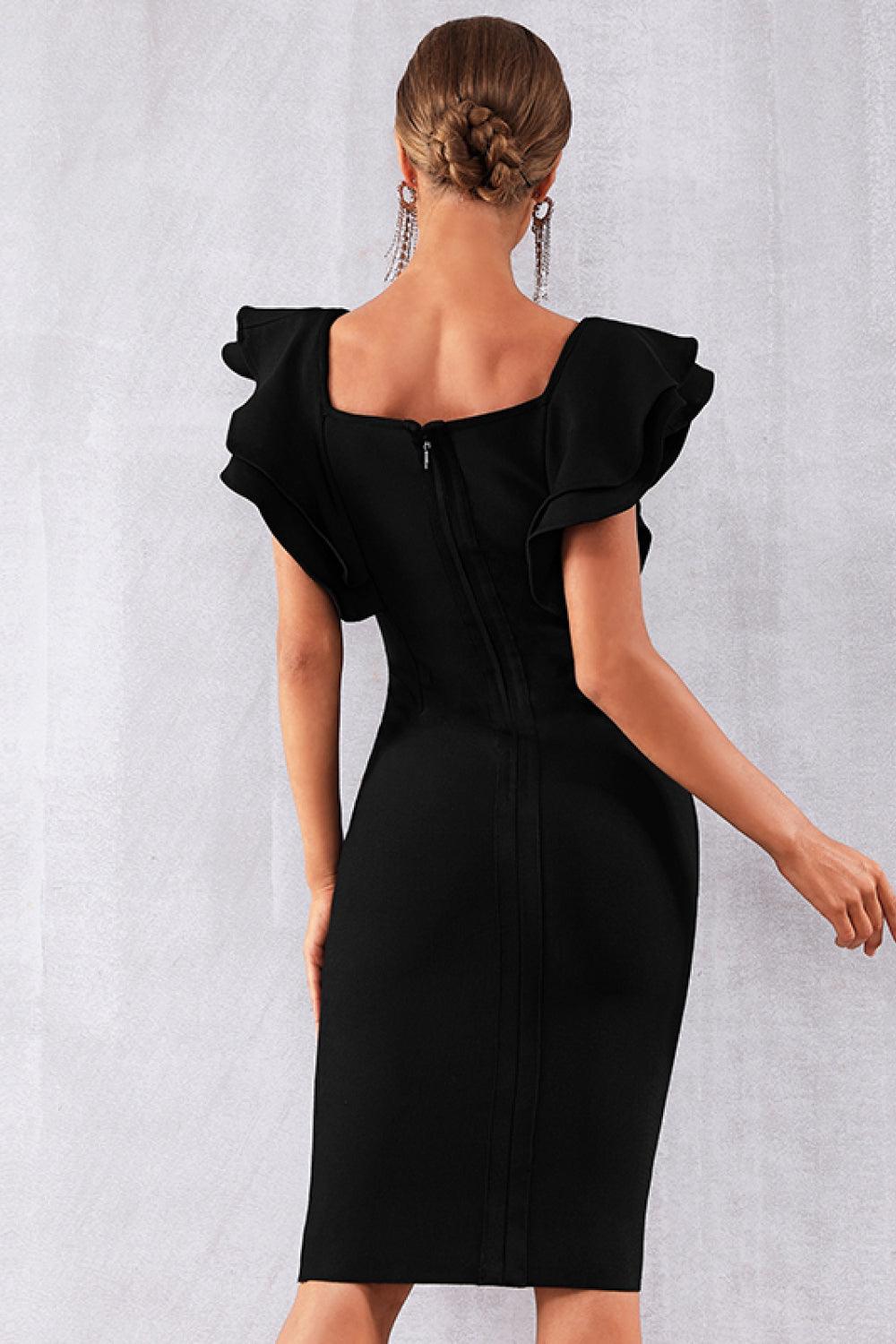 Black Solid Ruffle Shoulder Dress - Whiicka