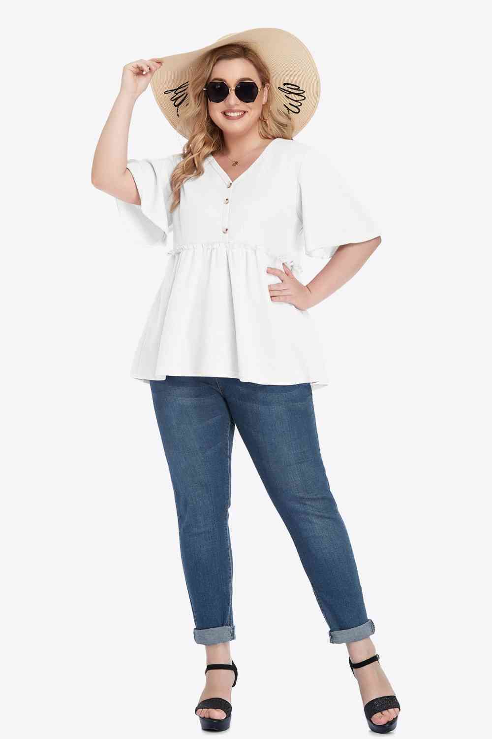 Plus Size Buttoned V-Neck Frill Trim Blouse