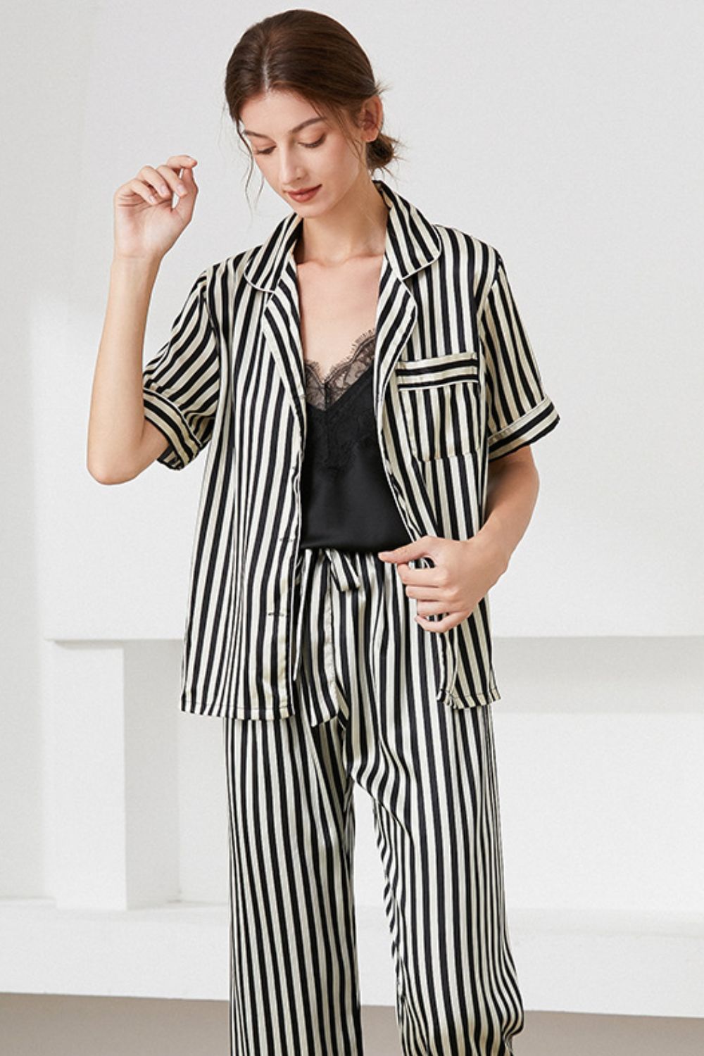 Striped Shirt Pants and Cami Satin Pajama Set - Whiicka