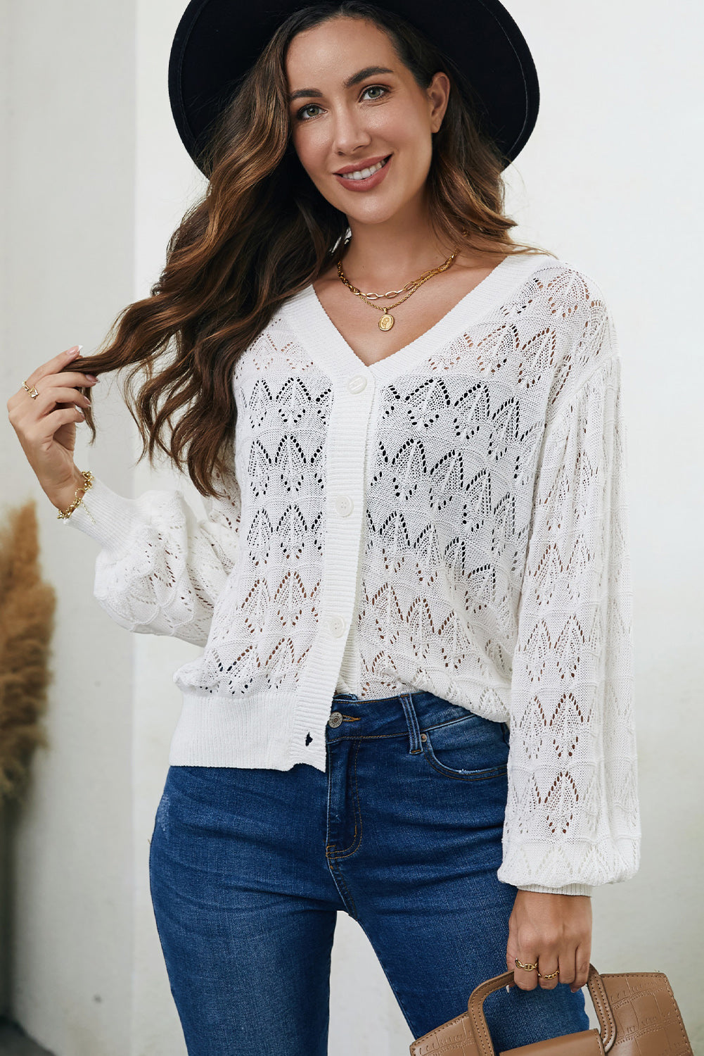 Openwork V-Neck Cardigan - Whiicka