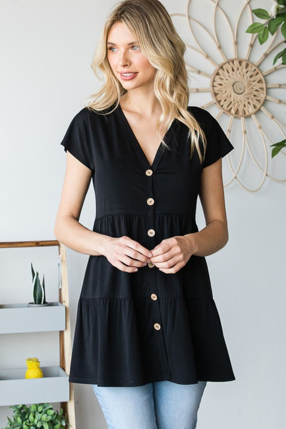 Black Buttoned V-Neck Tiered Top - Whiicka