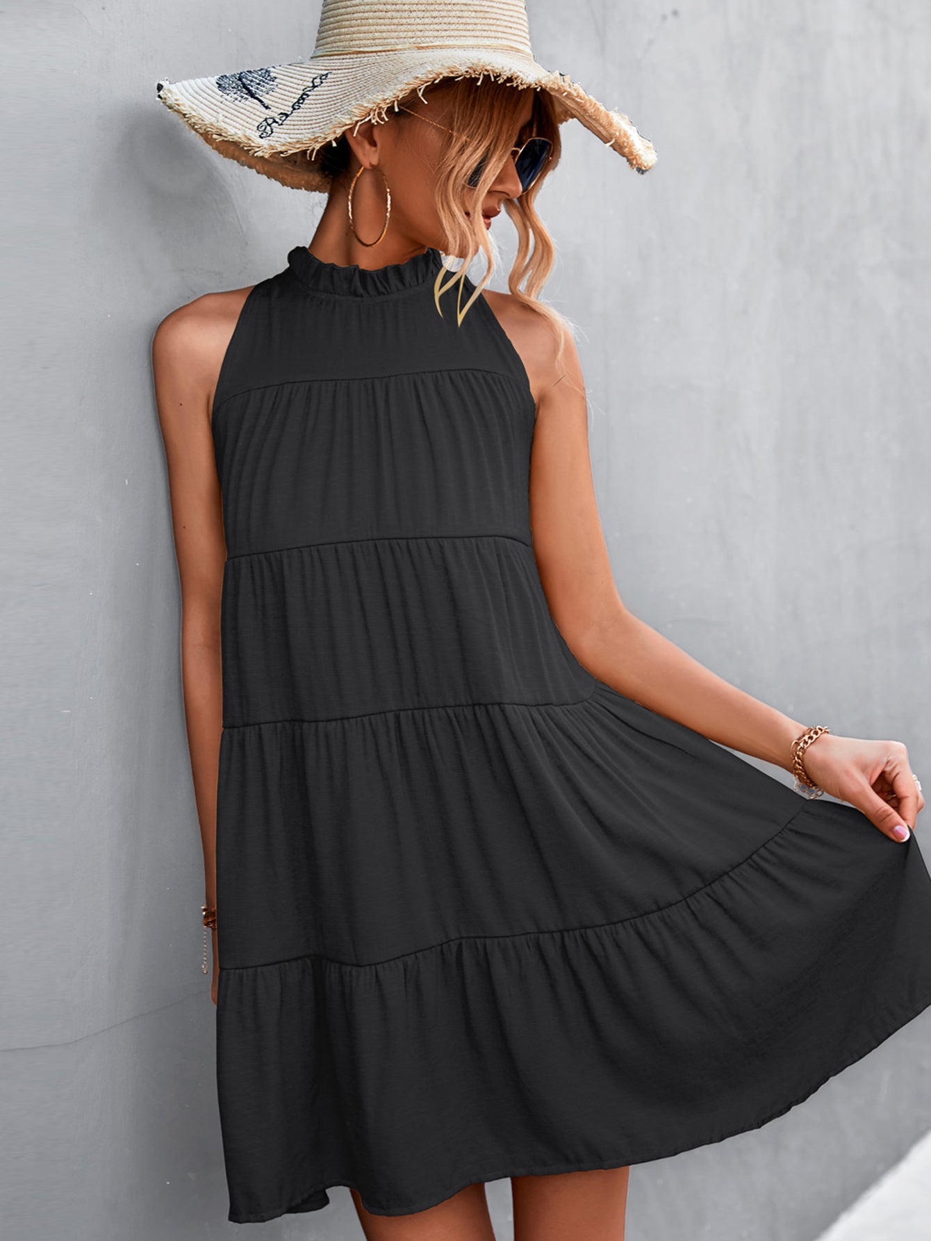 Tie Back Mock Neck Tiered Dress - Whiicka