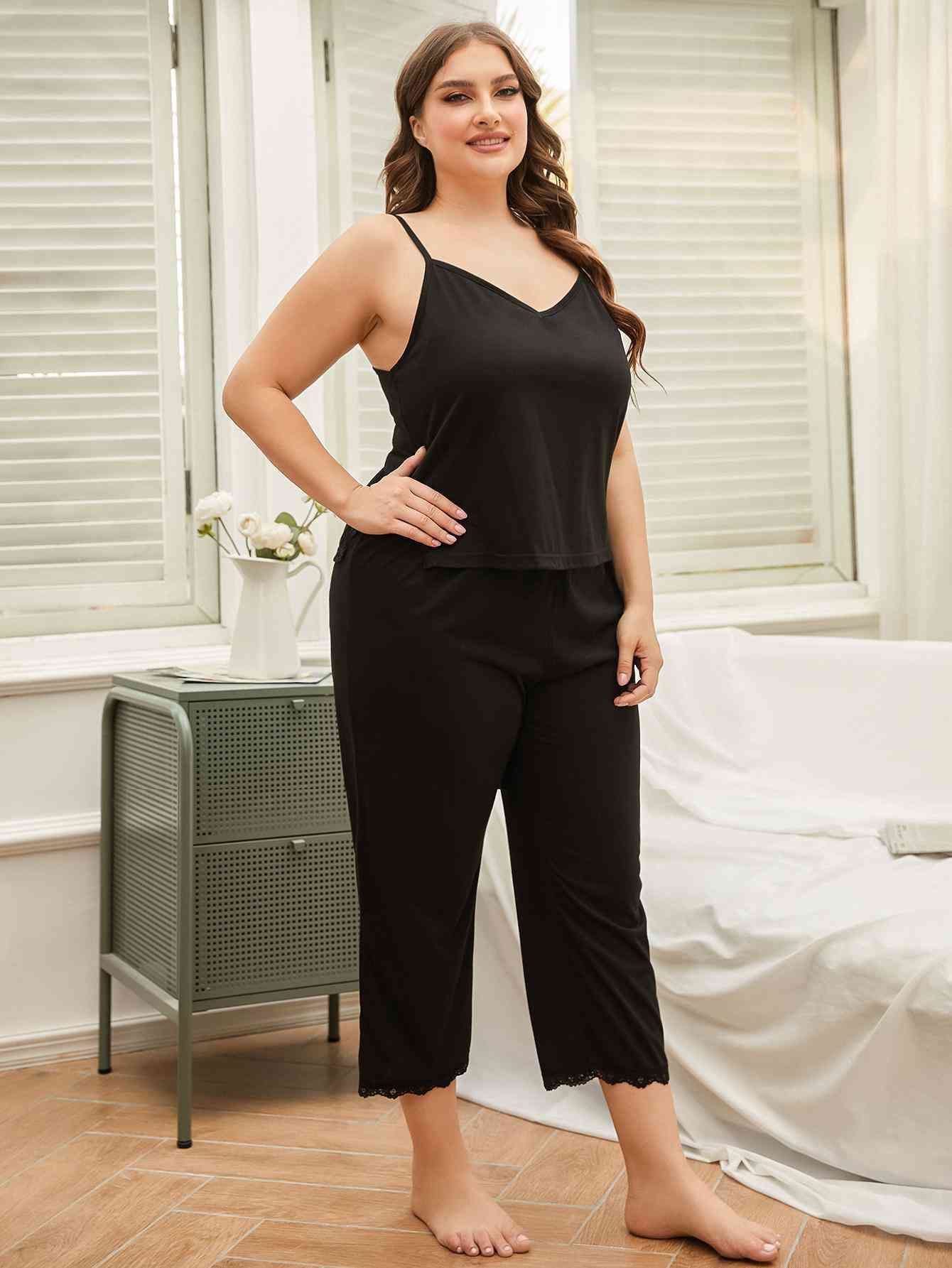 Plus Size Lace Trim Cami and Pants Pajama Set