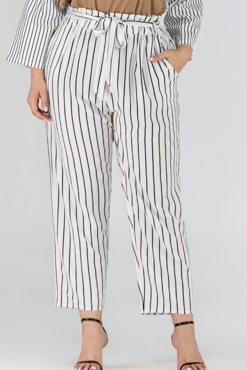 Striped Paperbag Cropped Pants - Whiicka