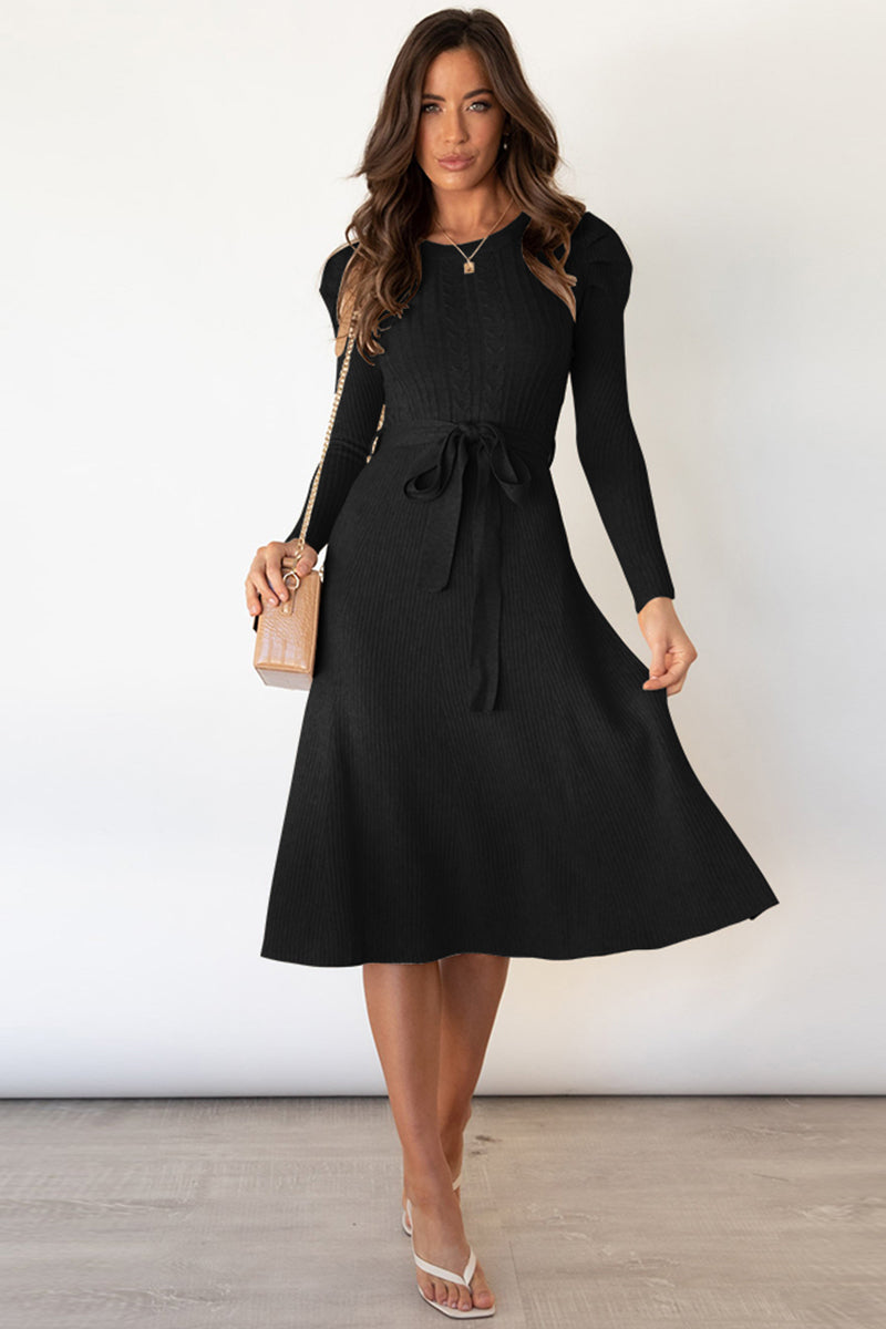 Round Neck Tie Waist Sweater Dress - Whiicka