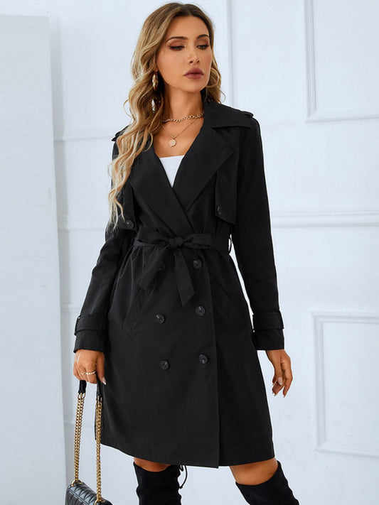 Lapel Collar Tie Belt Double-Breasted Trench Coat - Whiicka