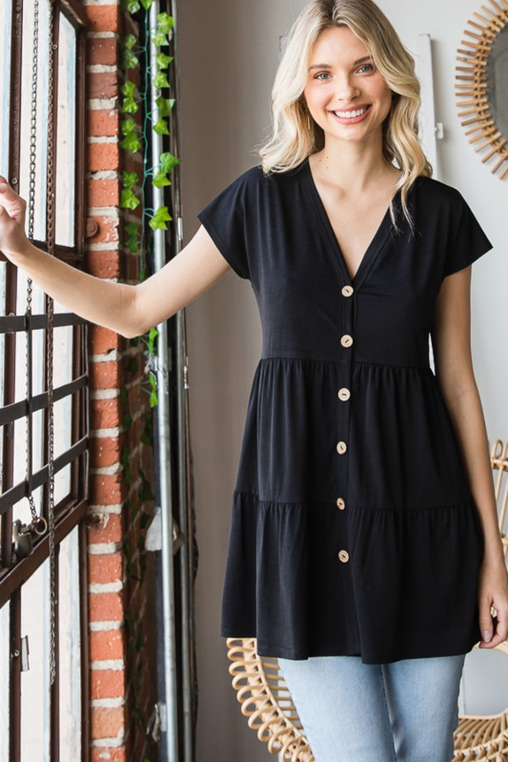 Black Buttoned V-Neck Tiered Top - Whiicka