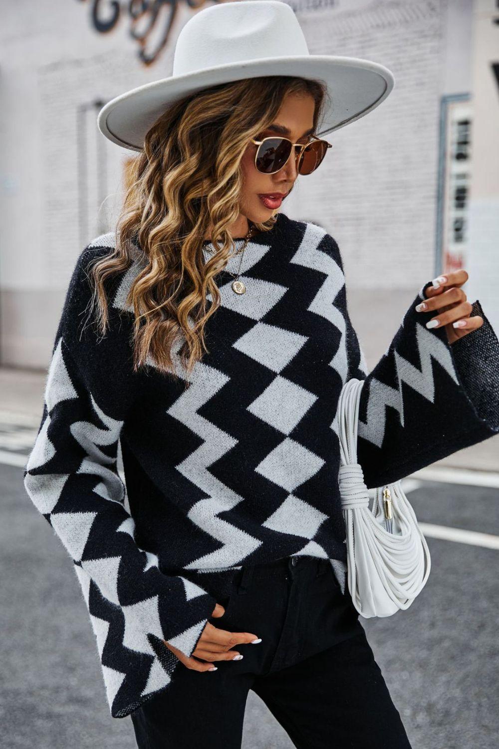 Geometric Slit Flare Sleeve Round Neck Sweater - Whiicka