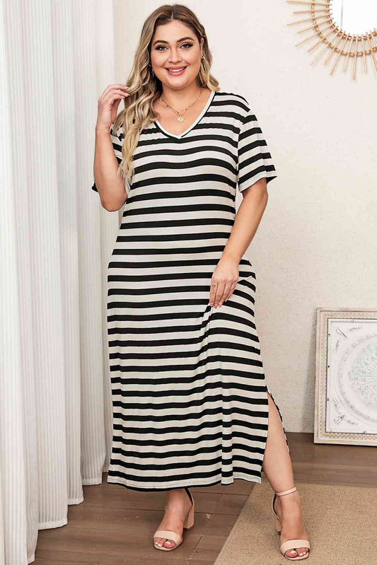 Plus Size V-Neck Side Slit Stripped Dress