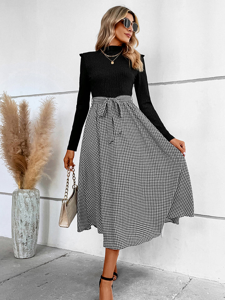 Ribbed Houndstooth Tie Waist Midi Dress - Whiicka