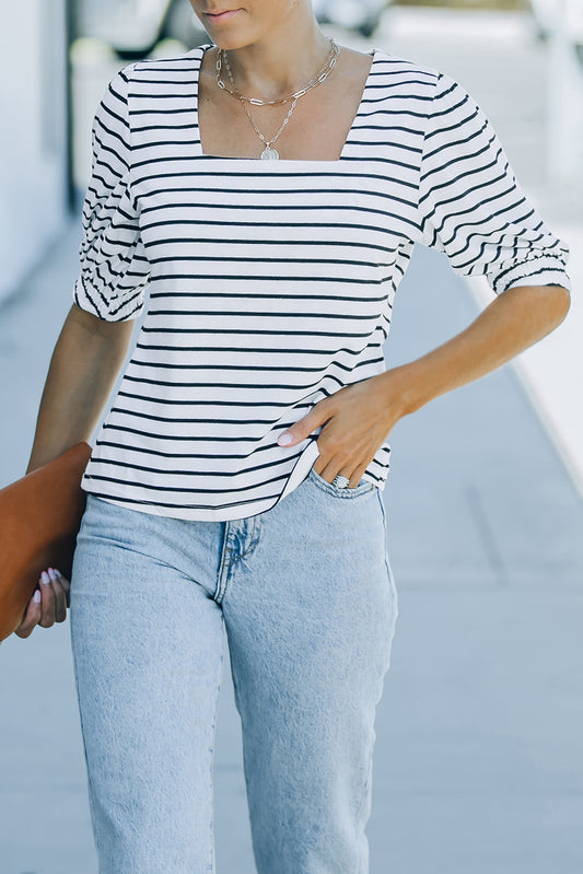 Striped Half Puff Sleeve Square Neck T-Shirt - Whiicka