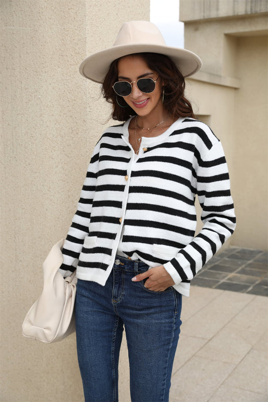 Striped Button-Down Cardigan - Whiicka