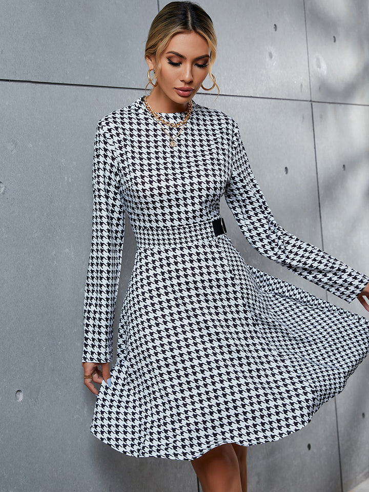 Houndstooth Long Sleeve A Line Dress - Whiicka