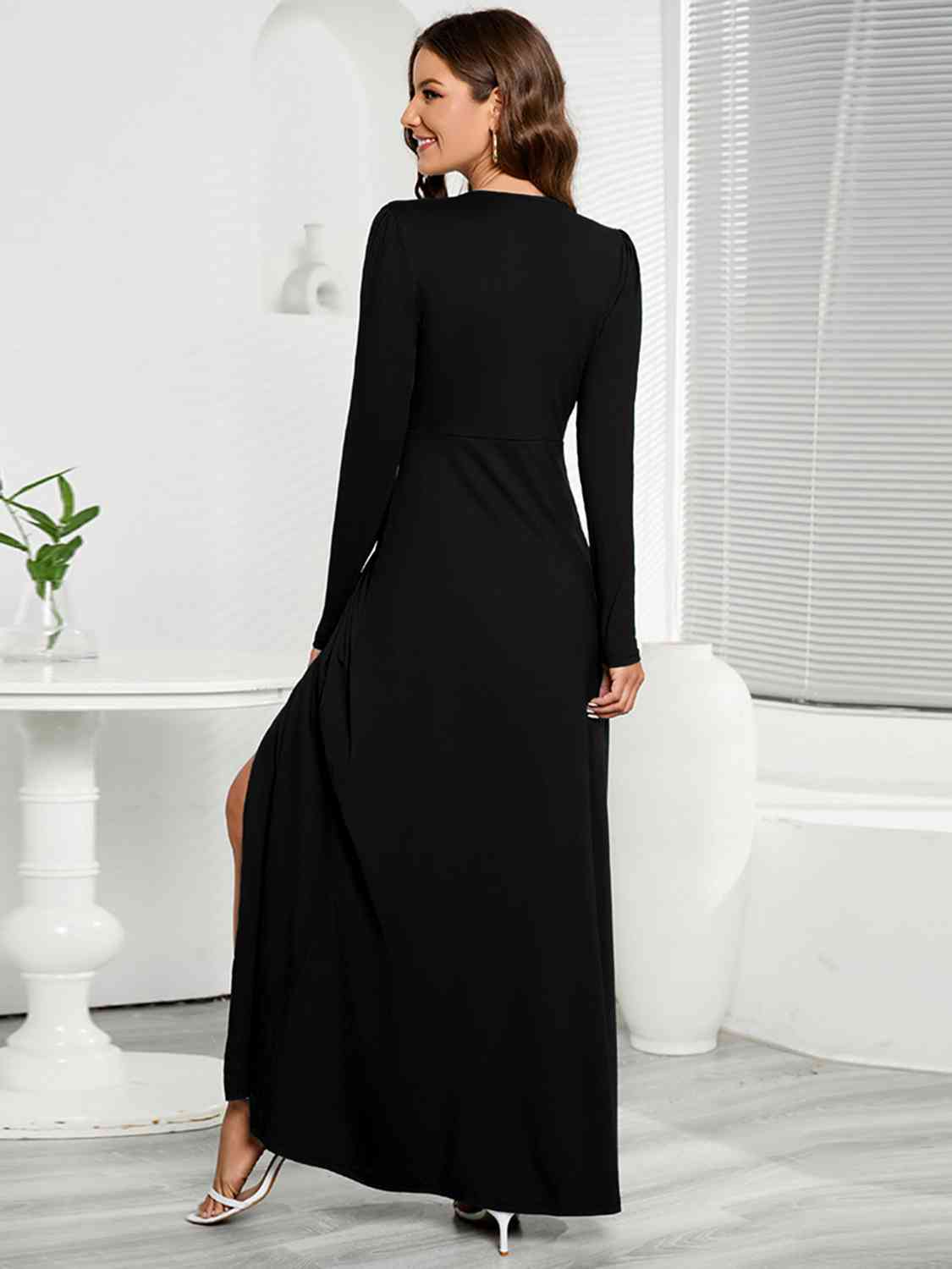 V-Neck Long Sleeve Split Dress - Whiicka