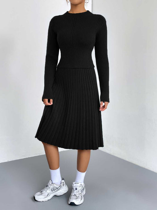 Rib-Knit Sweater and Skirt Set - Whiicka