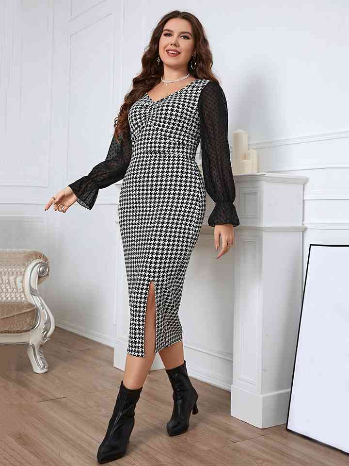 Plus Size Hounds tooth Flounce Sleeve Slit Dress