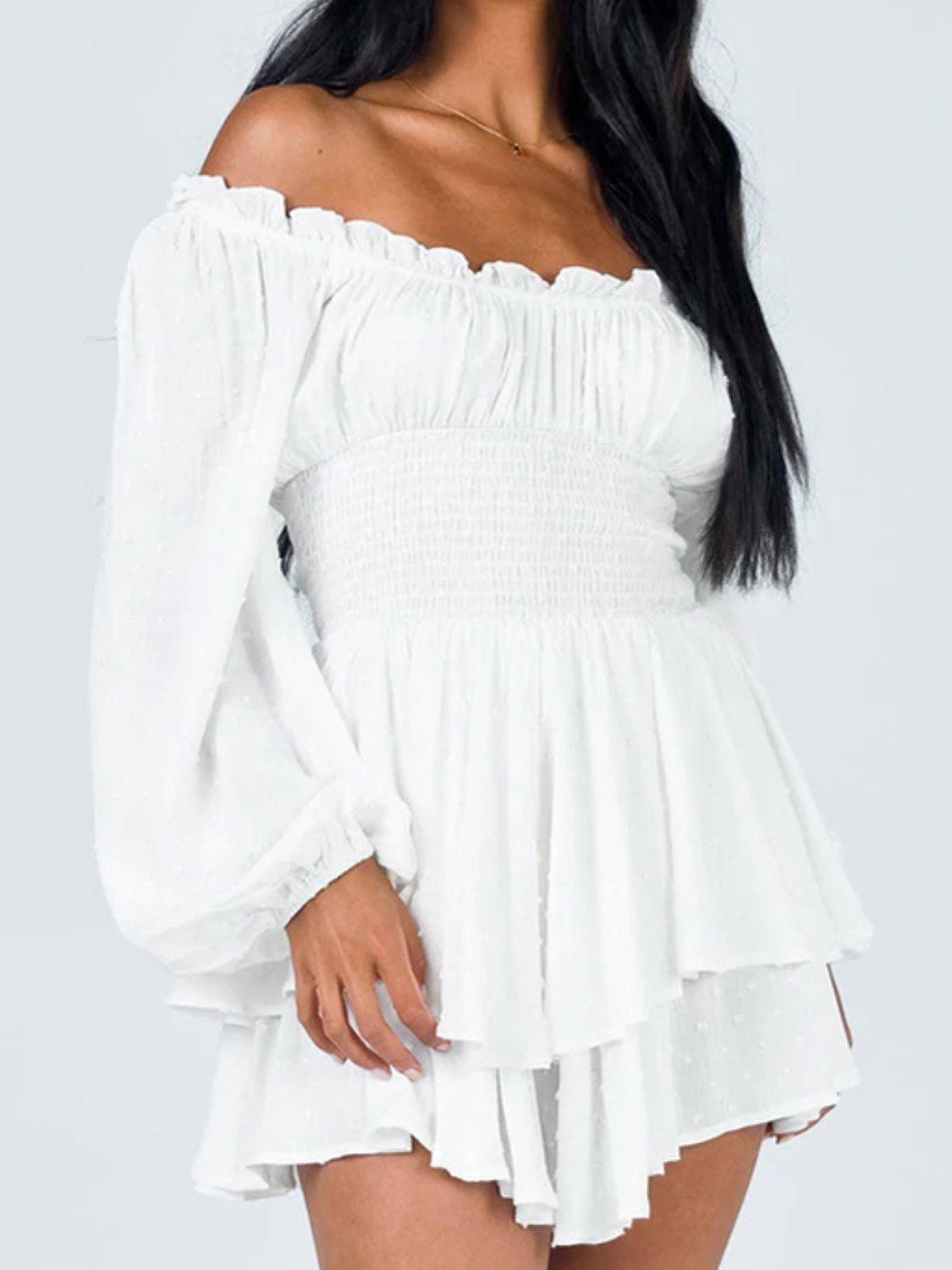 Off Shoulder Smocked Waist Romper - Whiicka