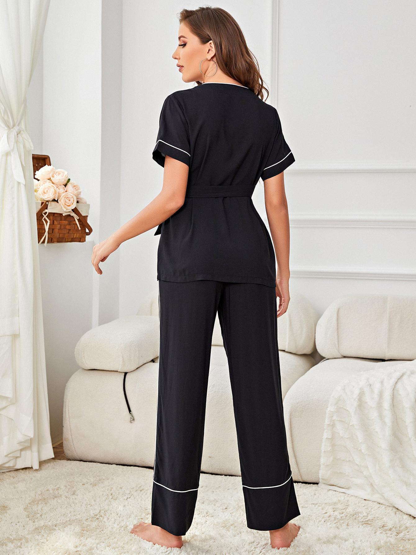 Contrast Piping Belted Pajama Set - Whiicka