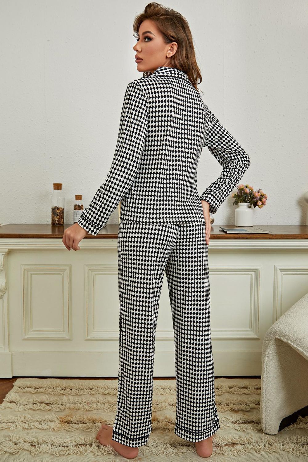 Checkered Button Front Top and Pants Loungewear Set - Whiicka