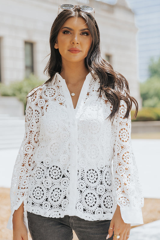 White Button-Up Lace Collared Shirt - Whiicka