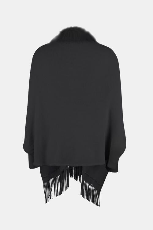 Fringe Open Front Long Sleeve Poncho - Whiicka