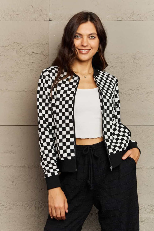 Plaid Round Neck Pocketed Jacket - Whiicka