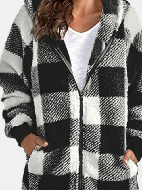 Plaid Zip Up Hooded Jacket with Pockets - Whiicka