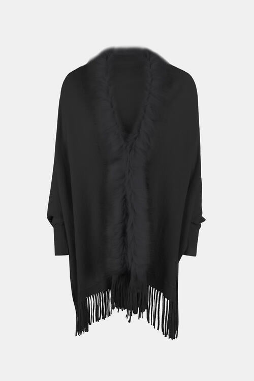 Fringe Open Front Long Sleeve Poncho - Whiicka