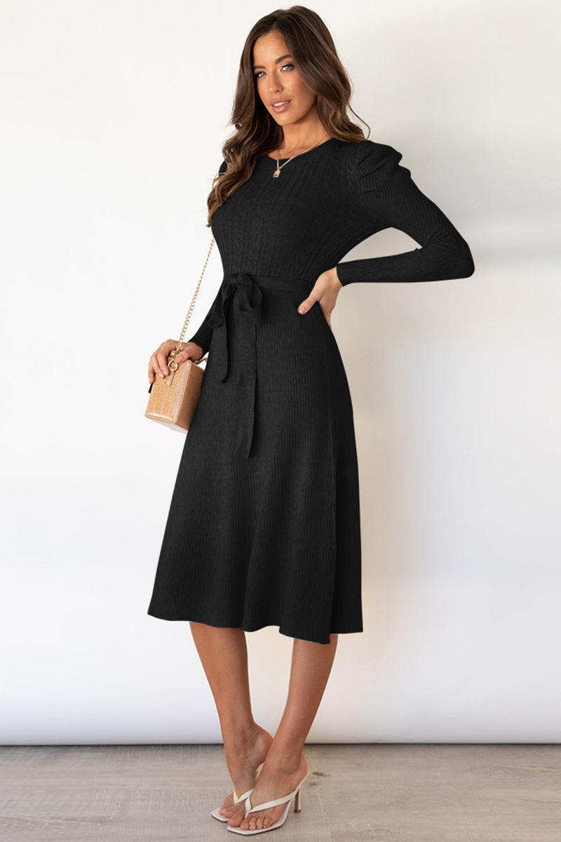 Round Neck Tie Waist Sweater Dress - Whiicka