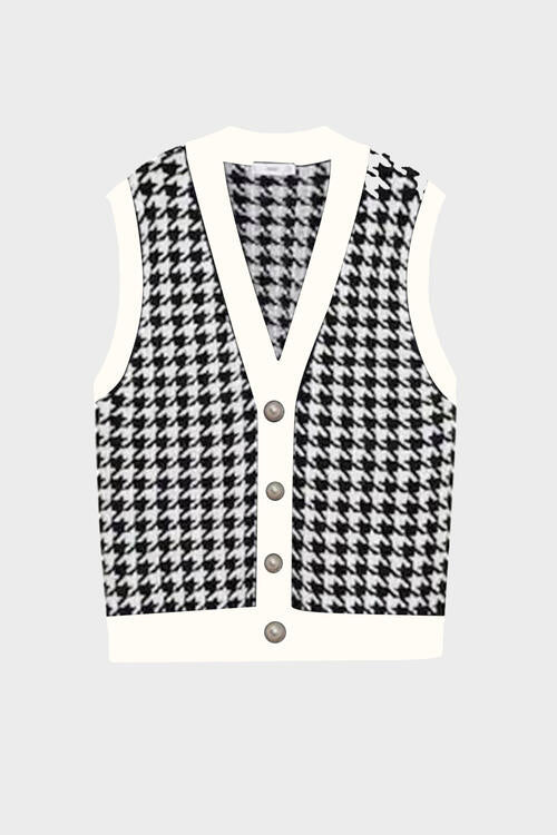 Houndstooth Button Front Sweater Vest - Whiicka