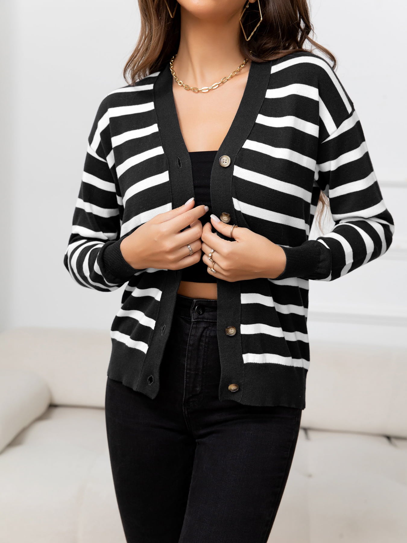 Striped V-Neck Knit Top - Whiicka