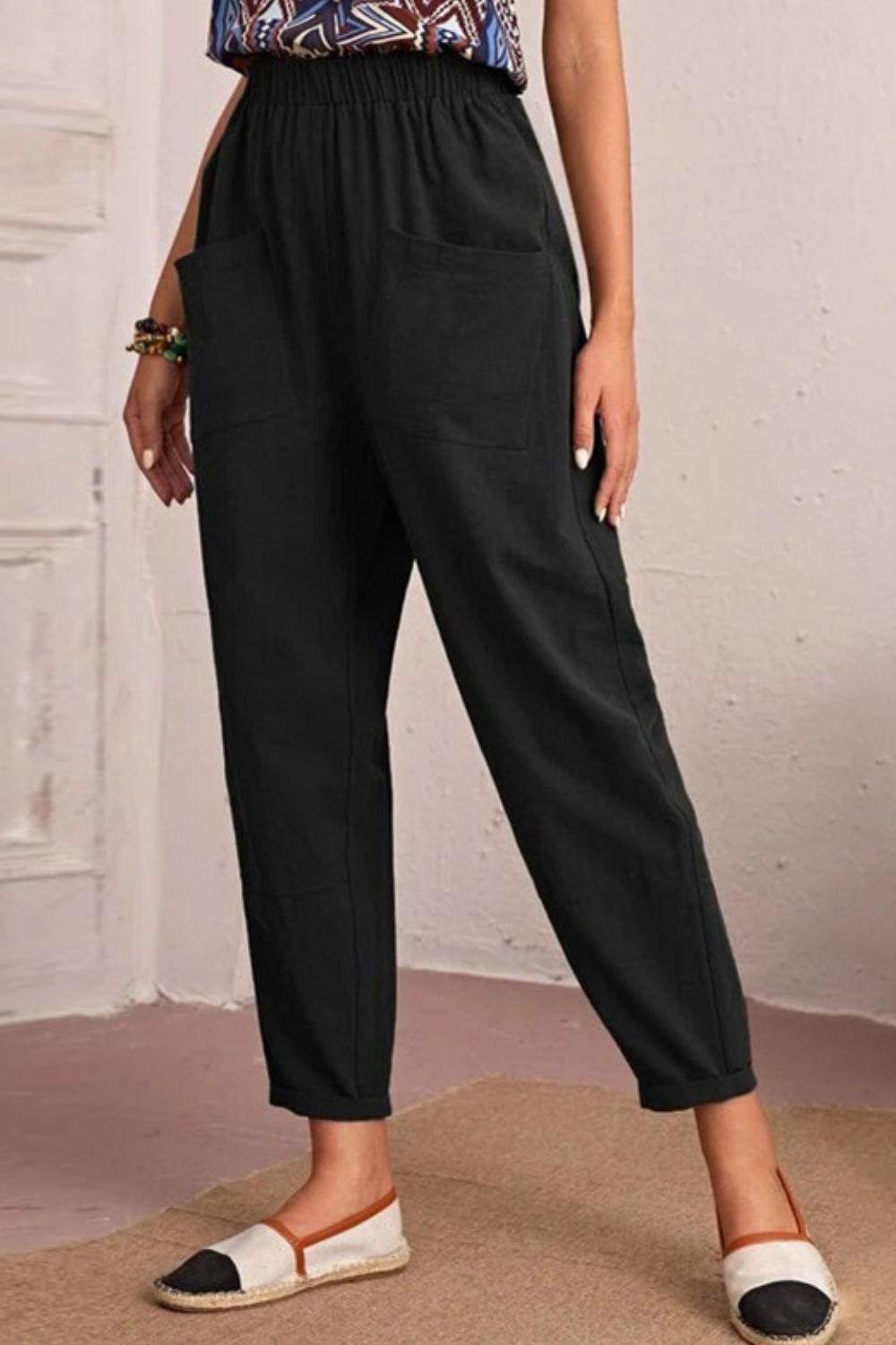 Elastic Waist Pocket Tapered Pants - Whiicka