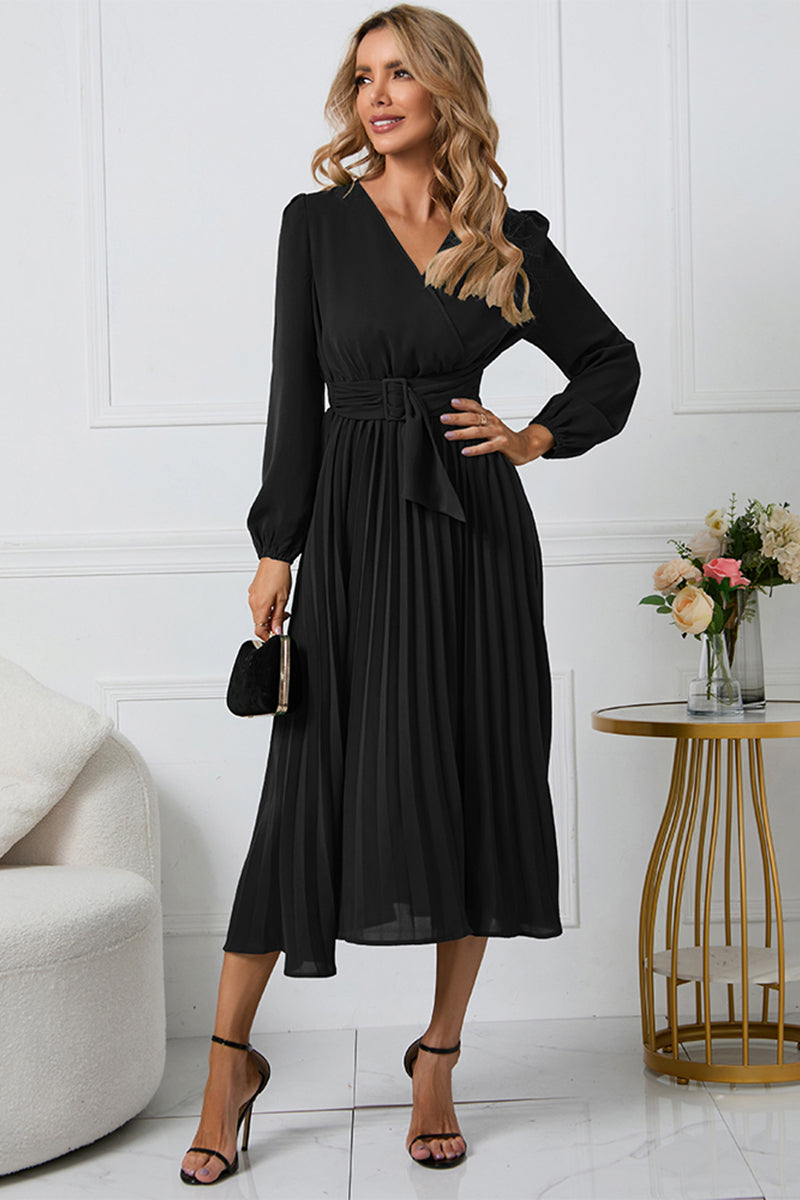 V-Neck Tie Waist Pleated Midi Dress - Whiicka