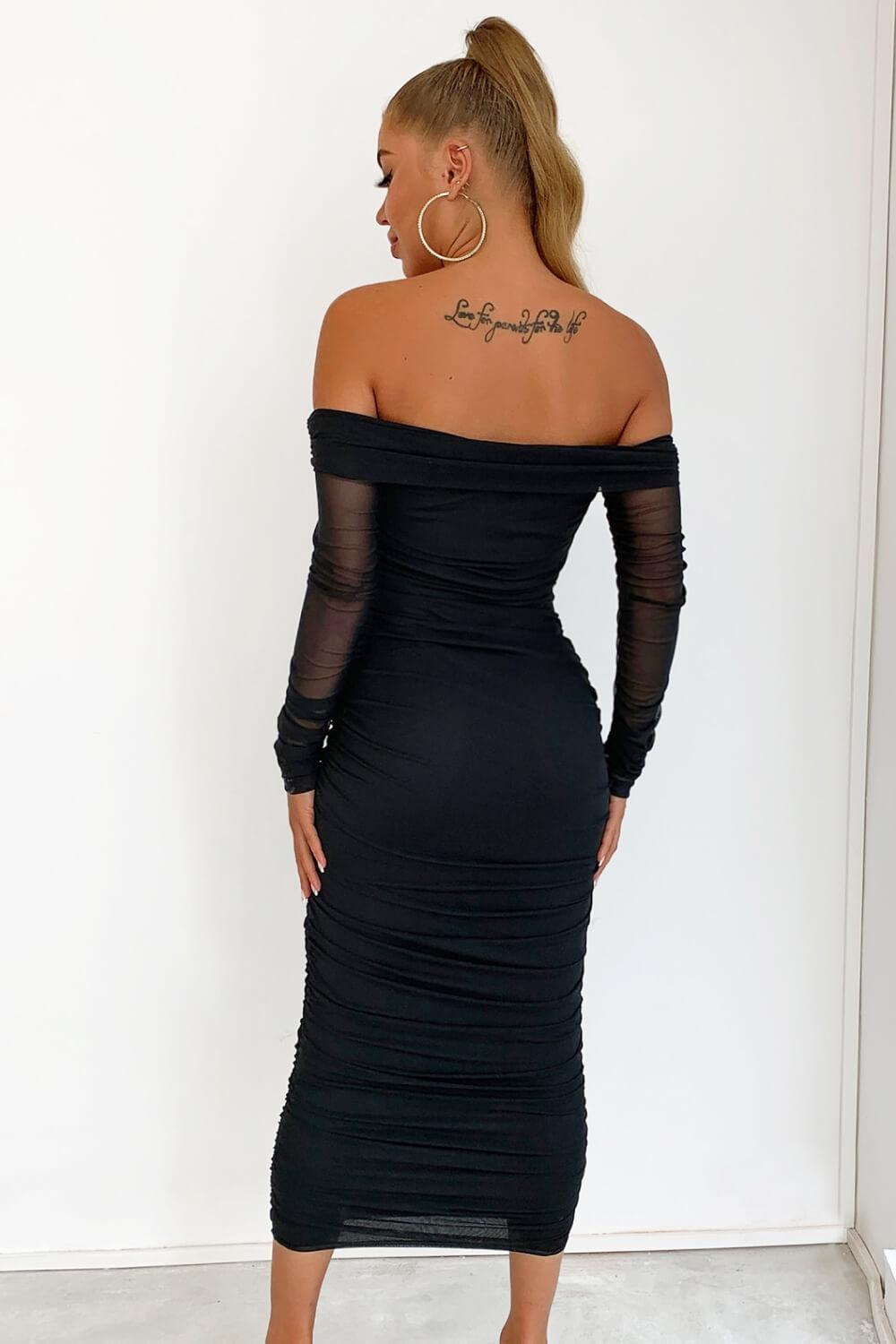 Black Off-Shoulder Ruched Midi Bodycon Dress - Whiicka