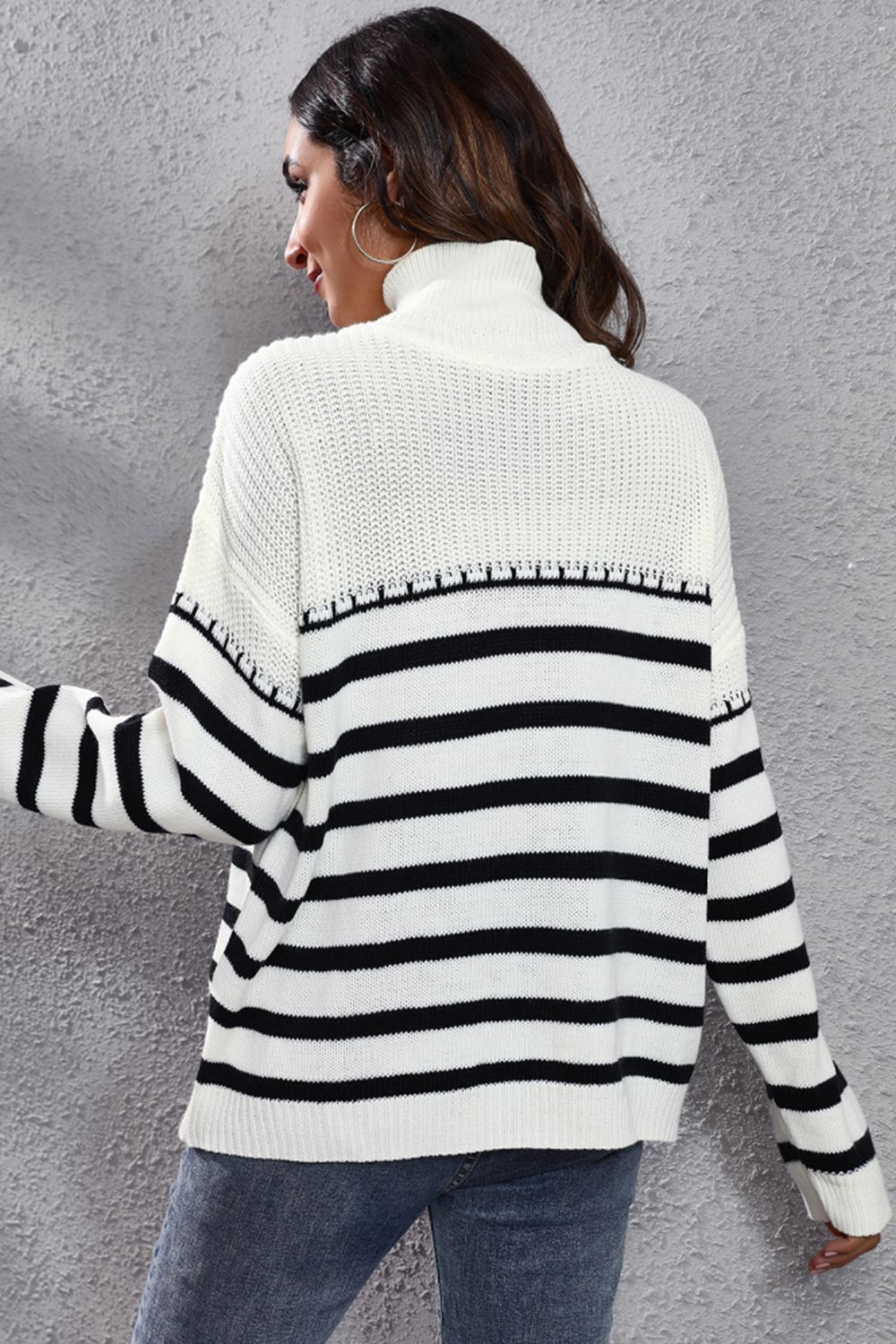 Striped Turtleneck Drop Shoulder Sweater - Whiicka