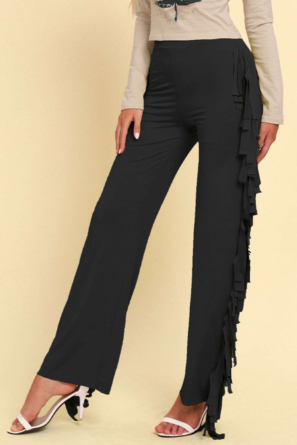 Fringe Trim Wide Leg Pants - Whiicka