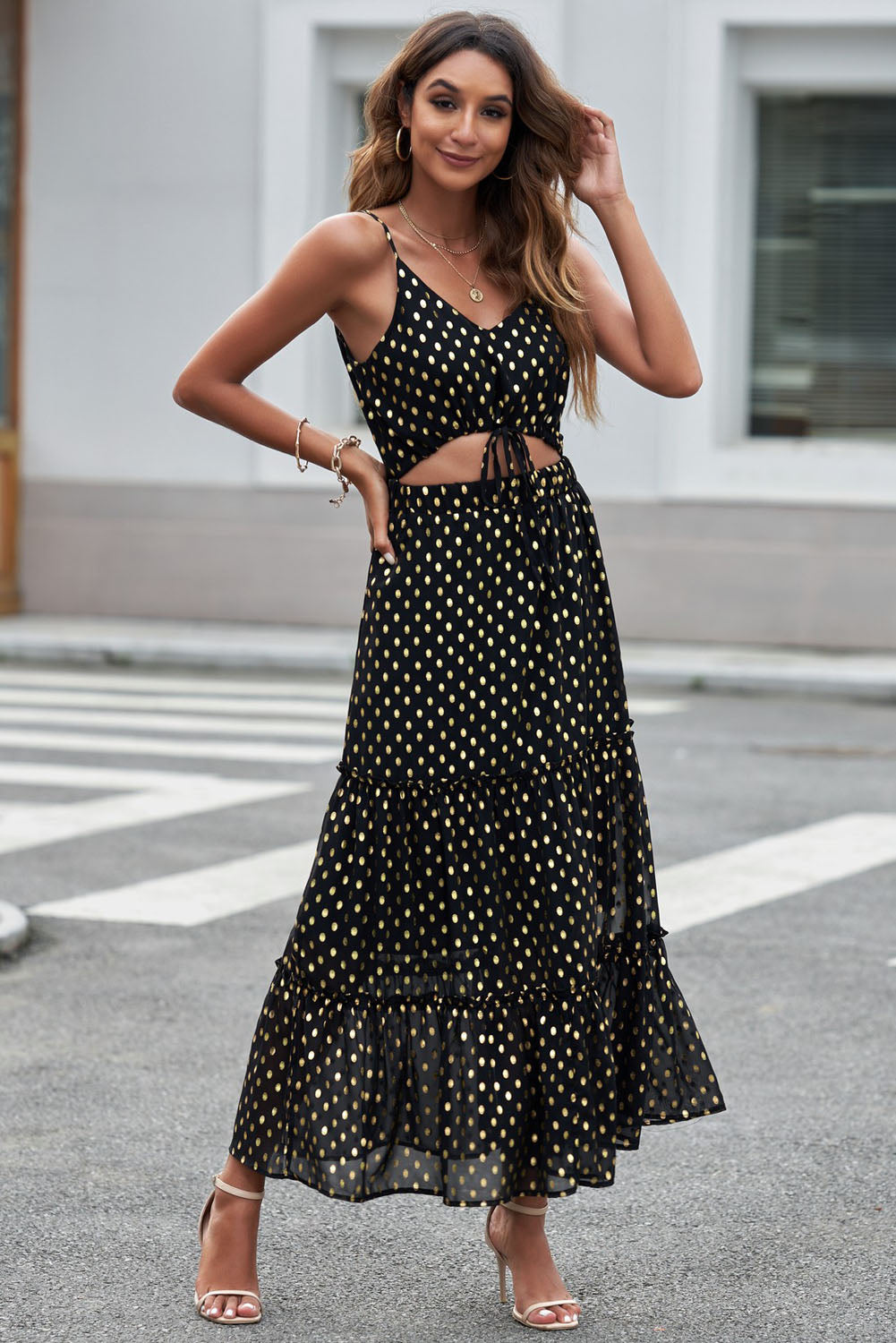 Polka Dot Cutout Spaghetti Strap Tiered Maxi Dress - Whiicka