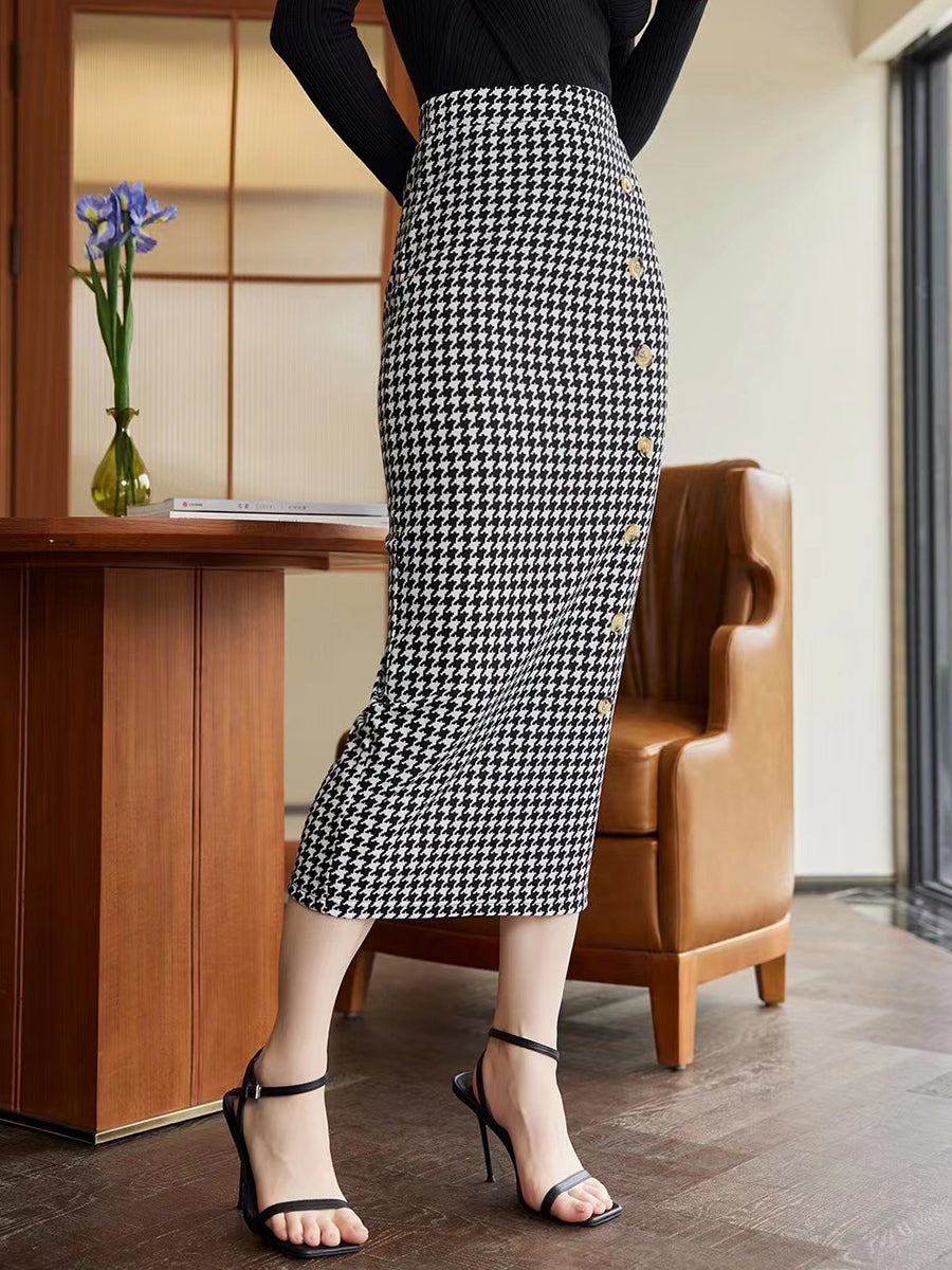 Houndstooth Decorative Button Skirt - Whiicka