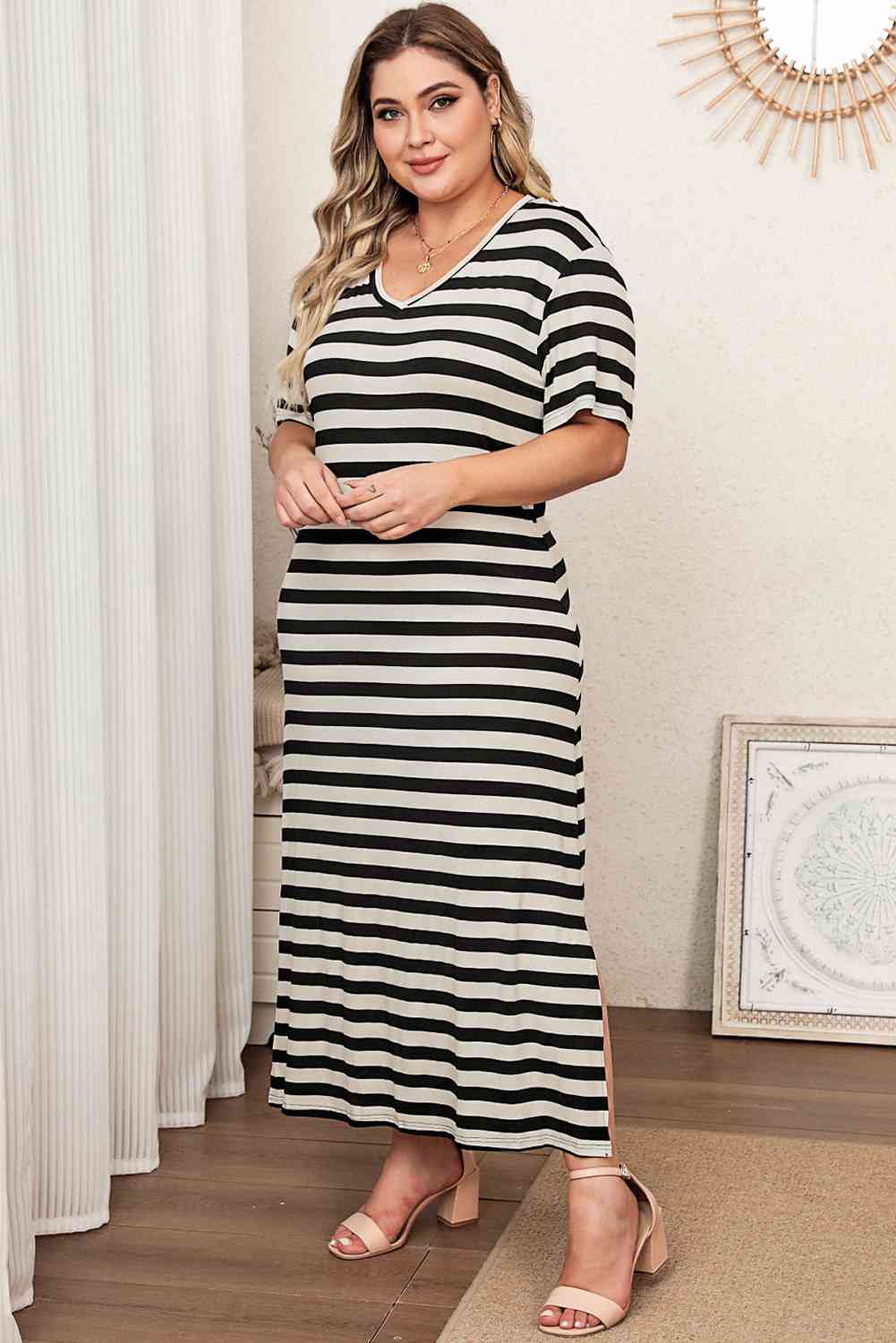 Plus Size V-Neck Side Slit Stripped Dress