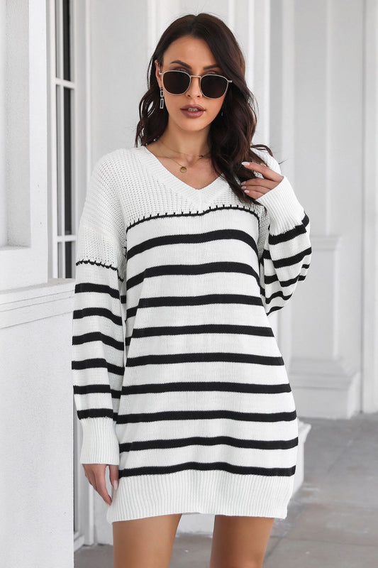 Striped Drop Shoulder Sweater Dress - Whiicka