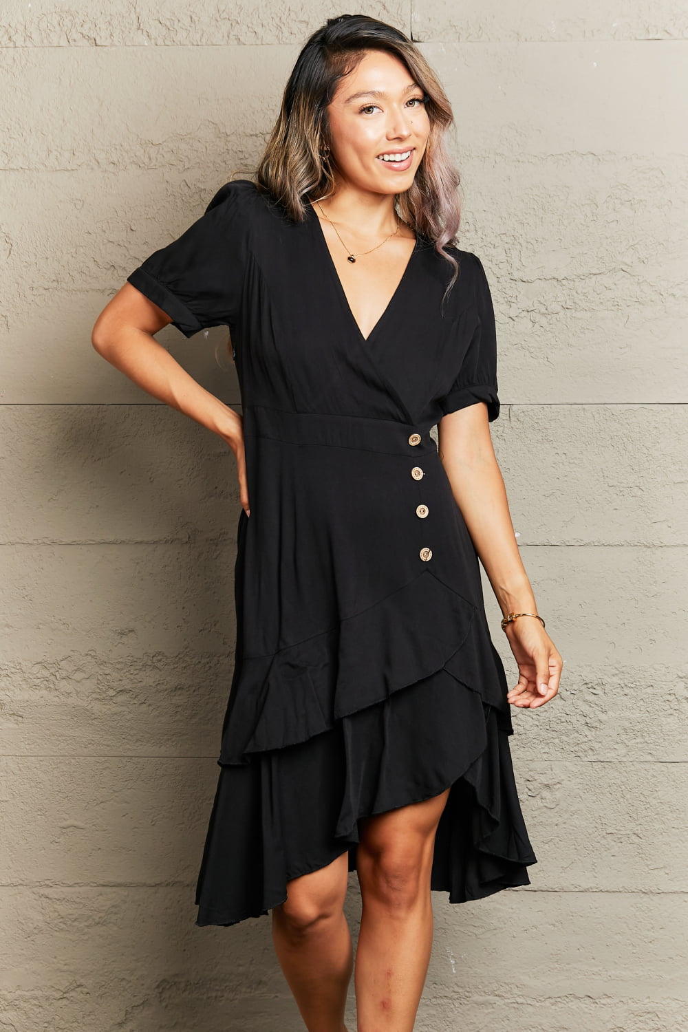 Decorative Button Ruffle Hem Dress - Whiicka