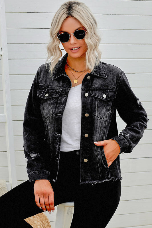 Distressed Raw Hem Denim Jacket - Whiicka