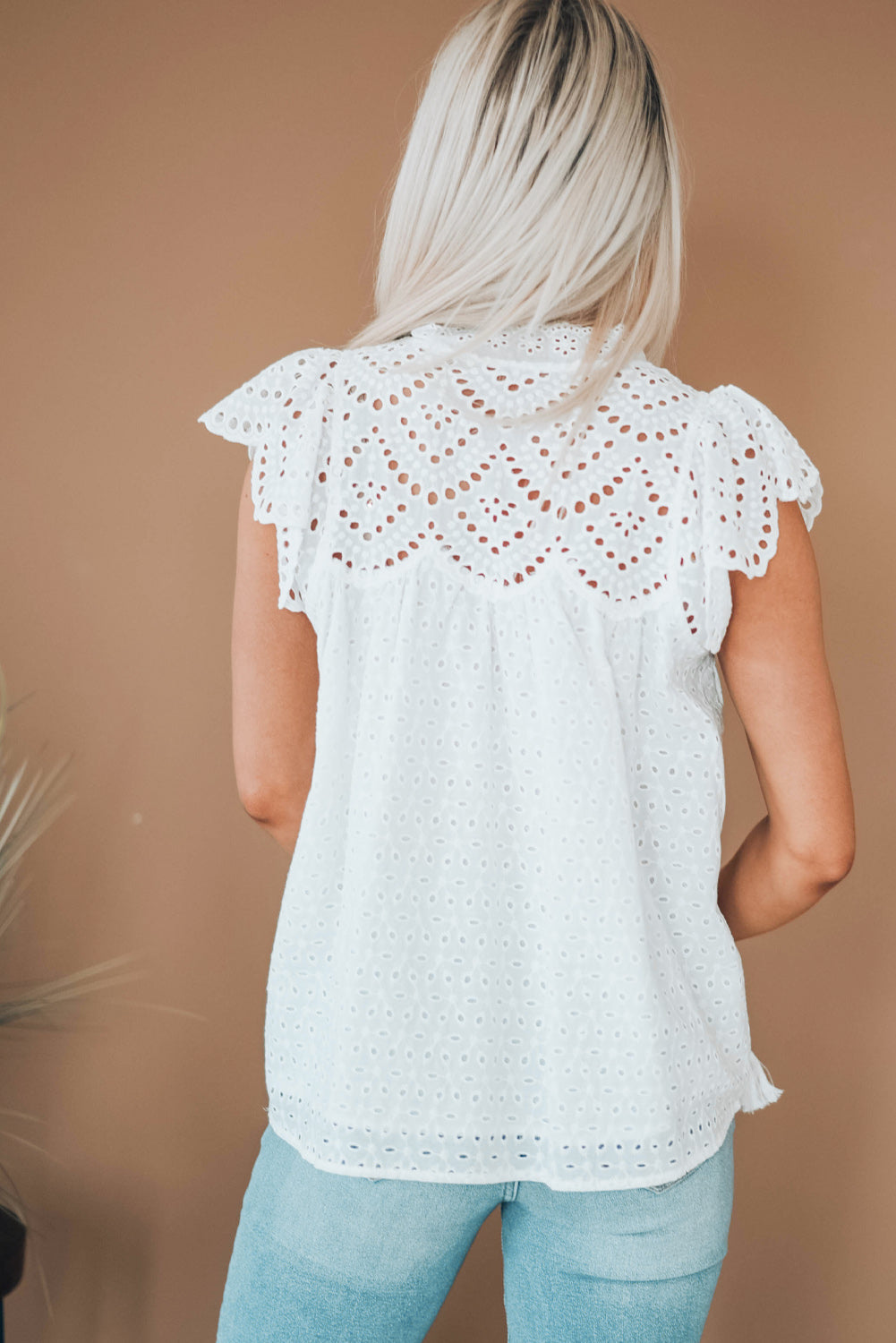 White Eyelet Tassel Tie Flutter Sleeve Top - Whiicka