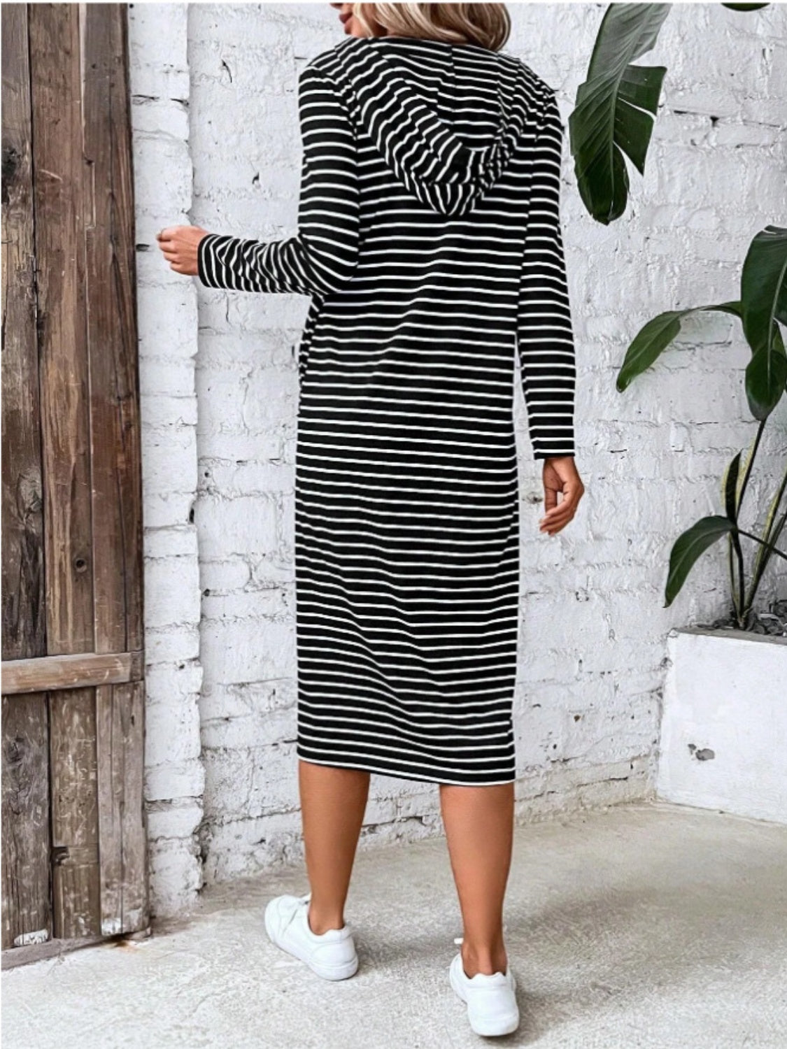 Striped Zip Front Hooded Dress - Whiicka