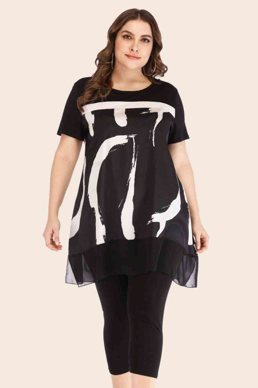 Plus Size Mesh T-Shirt and Cropped Leggings Set