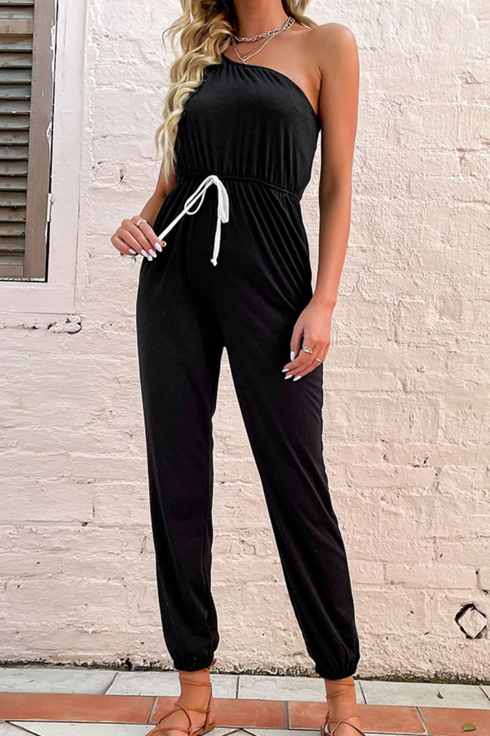 One-Shoulder Drawstring Waist Jogger Jumpsuit - Whiicka